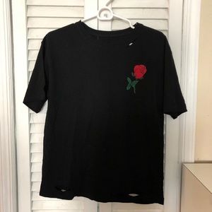 Black T-Shirt with Red Rose Design